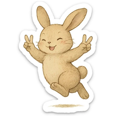 beige bunny jumping and making peace signs, soft, detailed, ghibli style sticker