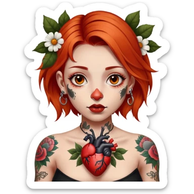 girl with fair skin, small nose, orangey red shoulder-length hair, large brown eyes, full lips, septum ring on nose and large black and white chest tattoo of anatomical heart with tattoos of flower bunches near the shoulders sticker