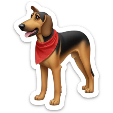 75% Coonhound 25% German Shepherd mix dog wearing small plain red bandana side view full body in profile left facing sticker