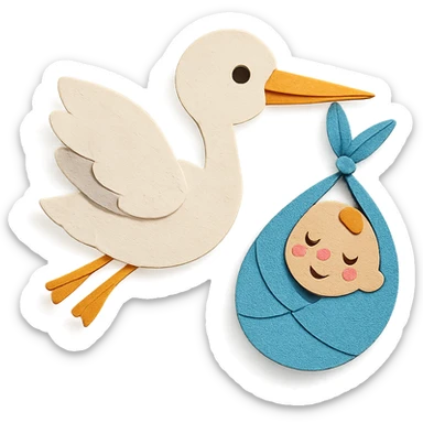 human baby in a bundle being carried by a flying stork in paper craft style sticker