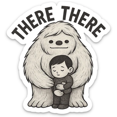 Reduce the image dimensions to make the file smaller, keep the background transparent, and preserve the 'there there' text through the head of the Abominable Snowman hugging the much smaller kid. Maintain the original style and transparency. sticker