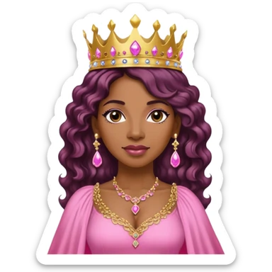 Crown TONE 4 black women with long WAVY hair pink dress pink crown facing forward black hair middle age adult woman gold gems in crown gold earrings  one woman sticker