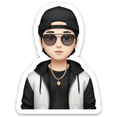 Portrait of a male K-pop idol, white skin, wearing a stylish streetwear outfit with layered clothing, makeup, wearing a black cap, sunglasses sticker