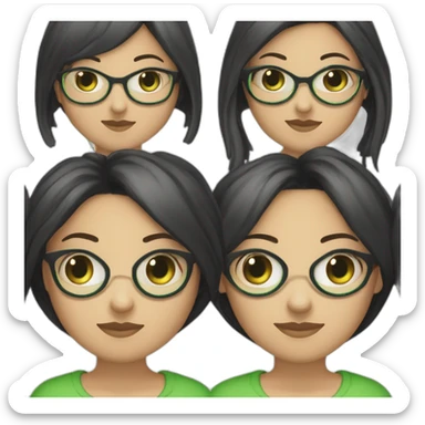 une fille avec de long cheveux noir lisse , des yeux vert , et avec des lunette (en forme de carrer un peu déformé) assez grosse comparer a ça tête , portant un pull noir sticker