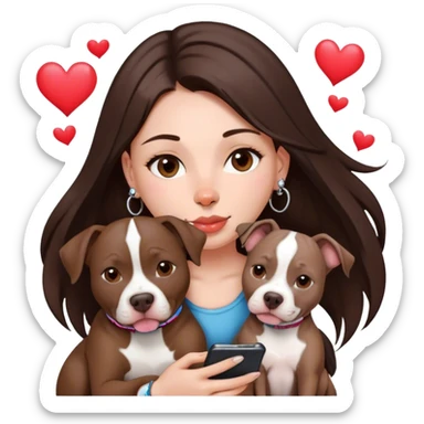 Young girl was long, dark brown hair sits with her dog who is a pretty girl pitbull with her cell phone in her hand in a small septum ring in her nose was hearts flying all around her sticker