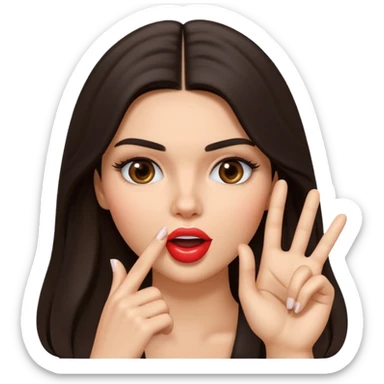 Create a glossy 3D emoji-style illustration of a glamorous brunette model inspired by Kendall Jenner, with long dark hair and defined features, making a “shh” gesture with one finger to her lips. Playful, mysterious expression, centered, transparent background. sticker