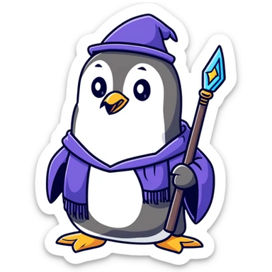 penguin with wizard robe and magic staff sticker