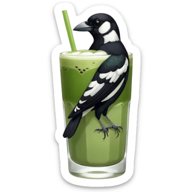  ONE Australien Magpie (just black and white feathers) sitting on an iced matcha latte on the edge of the glass. magpie has green matcha on its beak. matxha latte is in a see through glass and white from the oat milk on the bottom and green without seeds on top… one straw & ice cubes sticker