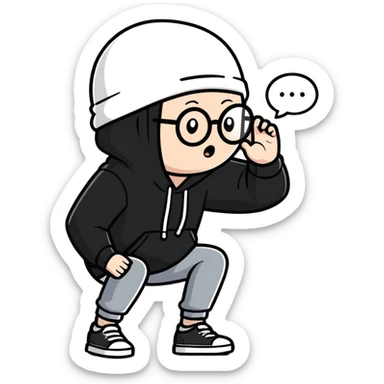 bald white guy with glasses, wearing a black beanie, black hoodie, crashing out, thought bubble saying “block her” sticker