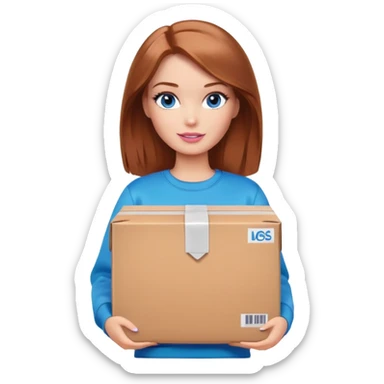 Barbie with shoulder-length reddish-brown hair, blue eyes with makeup, wearing a brown sweatshirt , stands with a parcel box sticker