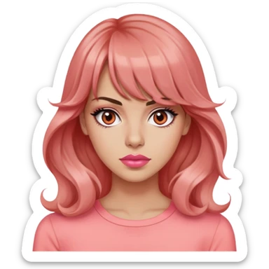 pretty woman, popular mean girl, rolling eyes, light tan skin, black eyes, long wavy auburn hair, bangs, pink top, coral lipstick sticker