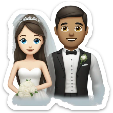 Bride with pale skin, dark brown hair & blue eyes standing with Groom with dark brown hair sticker