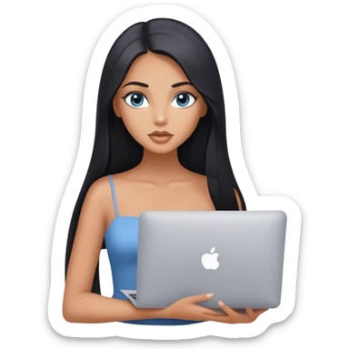 Glamours tanned very beautiful girl with pump nude lips and black straight smooth long hair, blue-grey eyes with one MacBook. sticker