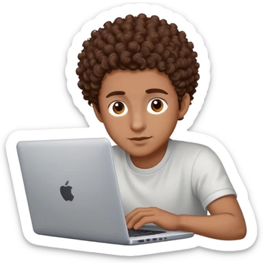 male with brown eyes and very short brown curly hair with a fade, working on a laptop sticker
