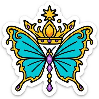 Keep the butterfly and crown design exactly as in the original image, but change the main color to a bright cyan. Preserve all gold details on the sides and crown, and keep the shape, style, and details identical to the original. Output must be PNG with transparent background, suitable for a Discord role icon. sticker