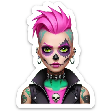 Cyberpunk female punk, pink mohawk, skull face tattoos, bionic neck, aggressive expression, neon green lighting sticker