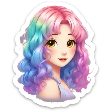 Gorgeous anime style shojo character with blushing face aesthetic and pretty colorful shiny gradient neon hair with hair garment trending style sticker