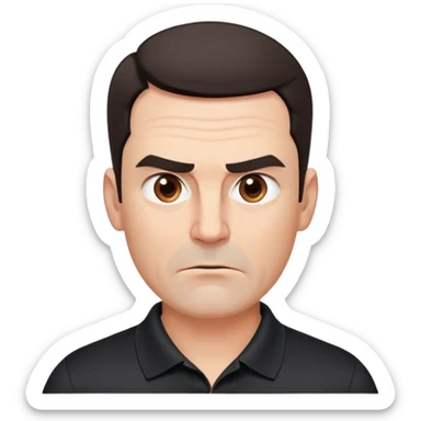Middle-aged man with strong square face, pronounced jawline, full cheeks, manic energy with intense stare, dark brown eyes, thick raised eyebrows, wide proportional nose, mouth slightly open in disbelief, short dark hair neatly styled, wearing a black polo shirt sticker