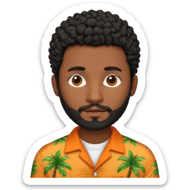 create an emoji of a man but with very very short curly black hair, dark skin, dark brown eyes and a short beard without a moustache and an orange and tropical shirt sticker