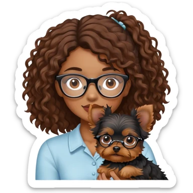 Young woman with brown curls and eyeglasses holding a small yorkie dog sticker