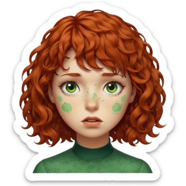 quero que você cria uma mulher, o rosto dela. nela, ela tem cabelo curto e ondulado, tem franja e ela tem semblante triste, deixe ela com pele verde. cabelo cacheado(avermelhado). ( ela tem aparência terroristica) olhos anormais assim como a boca) deixe ela com sardas sticker