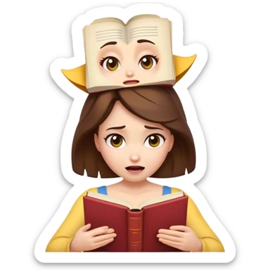 Cinematic Funny Belle Portrait Emoji, Looking exasperated as a book lands on her head, one eye twitching, caught in a hilariously relatable moment of book-lover clumsiness! sticker