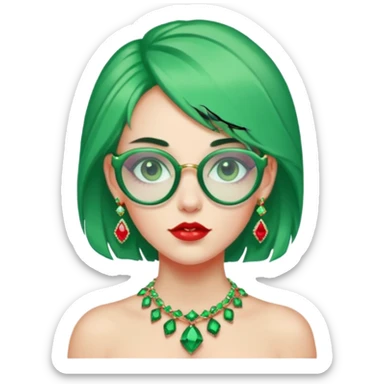 gem lover woman with gem accessories excessive amount gem glassess very big gem earrings green hair and red diamonds sticker