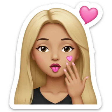 Mujer color de piel moreno claro, con cabello rubio largo, lacio y suelto, ojos negros, labios rosa, mandando un beso con un ojo cerrado  sticker