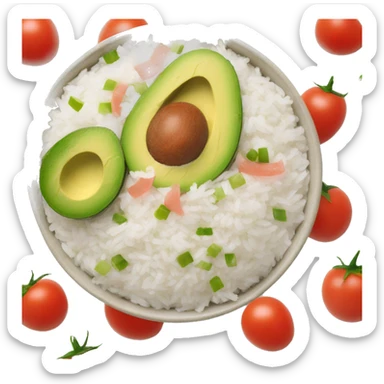a big bowl with white rice, tomatoes, green sliced paprika, sliced avocado and pink joghurt sticker