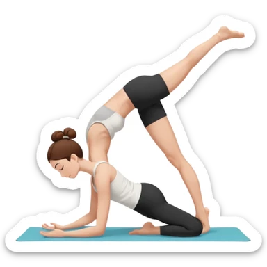 "Minimalist flat vector illustration of a woman doing yoga in forward fold pose (Uttanasana), wearing sportswear (white top and black shorts), brown hair in a bun, clean white background, no face details, elegant style" sticker