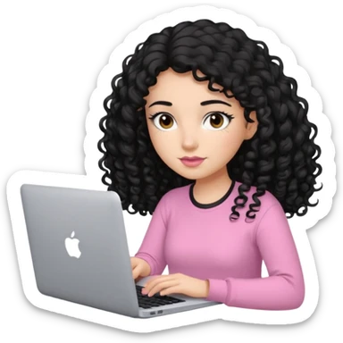 a girl typing mac book with long black curly hair and brown eyes with black eyeliner, pink shirt, social media manager sticker