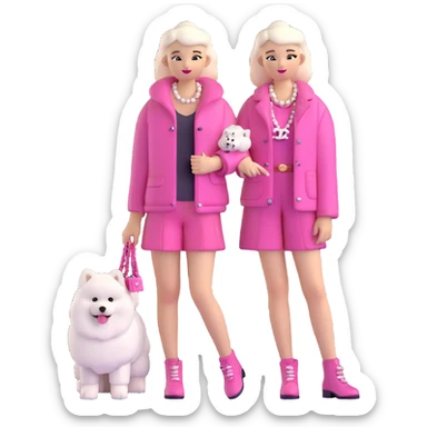girl in pink Chanel-style outfit with white Samoyed dog sticker