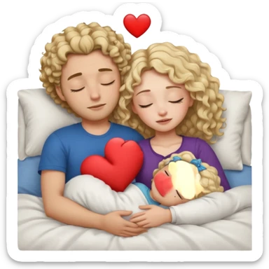 cuddling in bed, asleep. wavy haired blonde girl. man with curly,  dark brown hair. eyes closed. heart between them. no headboard sticker
