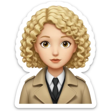 detective woman in long coat, blond short curly hair, white skin sticker