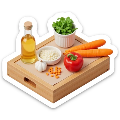 Ingredients on teh wooden cutting board with floating list sticker