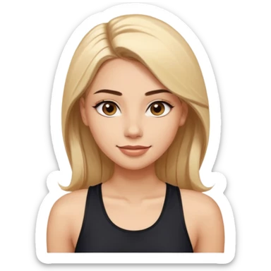 confident fit young woman with long straight shiny blonde hair center part light skin large almond brown eyes defined brows winged eyeliner full nude lips warm smile wearing sleeveless black athletic top smooth polished cartoon-like sticker