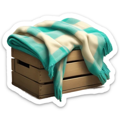 Realistic isolated teal and cream color plaid blanket draped across wooden crate box with matching book on top of blanket. sticker