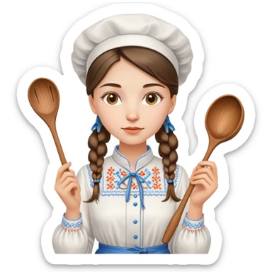 Ukrainian young girl in a white embroidered traditional shirt holding cooking tools like spoon and ladle sticker