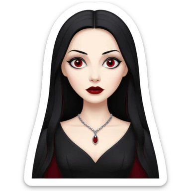 Create a realistic portrait of Morticia Addams with long black hair, elegant black dress & sharp gaze. sticker
