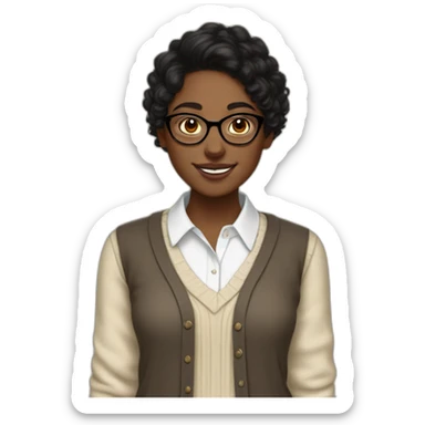 smiling dark skin indian teenage girl with black curly hair and glasses wearing a collared long sleeve white shirt under a beige v shaped collar sweatervest with no buttons sticker