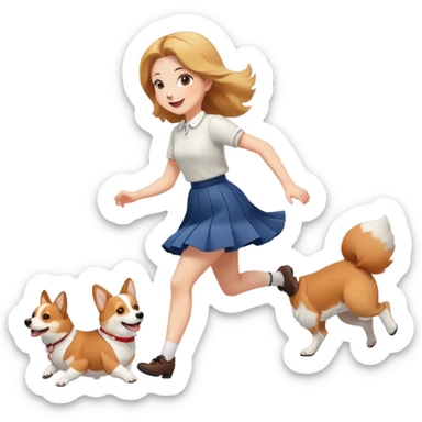 A beautiful girl with fair skin happily chases a corgi in a skirt sticker