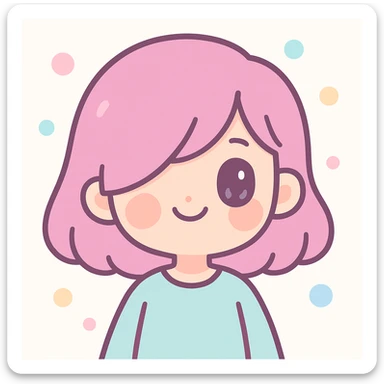 a cheerful girl with side-swept bangs hiding one eye, modern cartoon style, smiling sticker