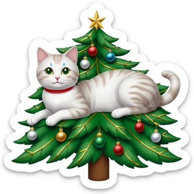 grau weiße Katze im geschmückten Weihnachtsbaum mit Lametta um sich rum und unten liegen ein paar Weihnachtskugeln sticker