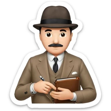 A cinematic-style frame showing Hercule Poirot in his iconic suit with a notebook in a dramatic detective pose. Background should be mysterious city, map, a board with photos of suspects, clues like fingerprints. Transparent background. sticker