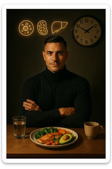 A realistic, cinematic illustration of a healthy, fit man in his early 30s with a calm, disciplined expression, sitting at a clean wooden table in the evening with a single, balanced, nutrient-dense meal in front of him (grilled salmon, colorful vegetables, avocado). The rest of the day he drinks only water and herbal tea, visible in a glass and a simple cup on the side. A wall clock in the background shows 6:00 PM, emphasizing that this is his only meal of the day (OMAD). Subtle glowing icons above him display a regenerating cell, mitochondria, and a liver symbol, representing autophagy, longevity, and health benefits of OMAD. The lighting is warm, with cinematic shadows and natural tones, creating a sense of discipline, mental clarity, and health optimization. The man looks centered and content, showing that OMAD is a conscious choice for energy and regeneration, not restrizione. The scene is realistic with slight film grain for depth sticker