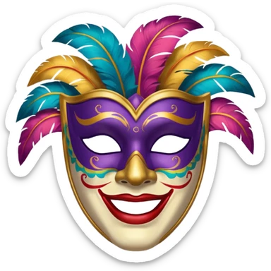 A man with a painted carnival mask, vibrant colors and confident expression. sticker