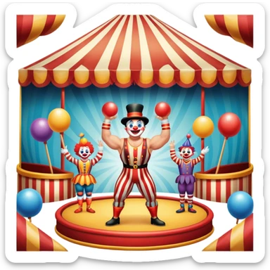 Icon for Circus Arts: a vibrant round circus arena with a strongman in a striped costume,  juggler and a clown performing. The icon should convey the excitement and fun of circus performances, with focus on the performers and the colorful setting. Transparent background. sticker