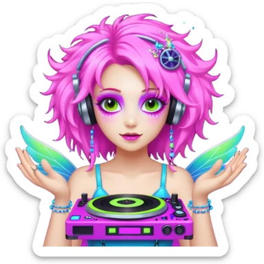 hard techno rave fairy, holding a DJ turntable, wild hair, neon sparkles, minimal background sticker
