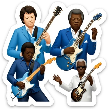 Icon for Blues Music: close-up collage of legendary blues artists. Gary Moore, Eric Clapton, B.B. King and Joe Cocker. Represented by silhouettes or symbolic items like guitars, microphones, or music notes, reflecting the soulful energy of blues music. Transparent background. sticker