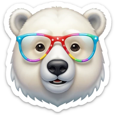 close up headshot of a friendly anthropomorphised polar bear wearing oversized colorful star glasses sticker